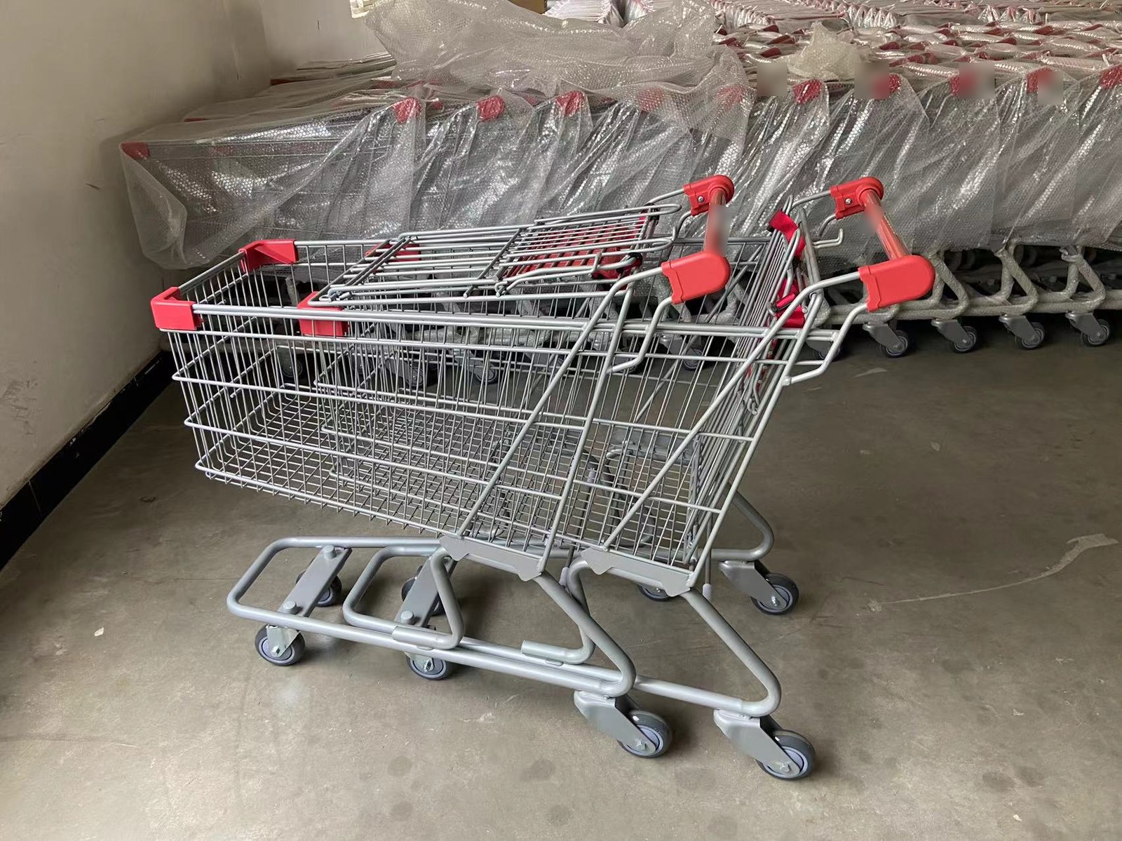 Retail shopping carts prepared for shipment