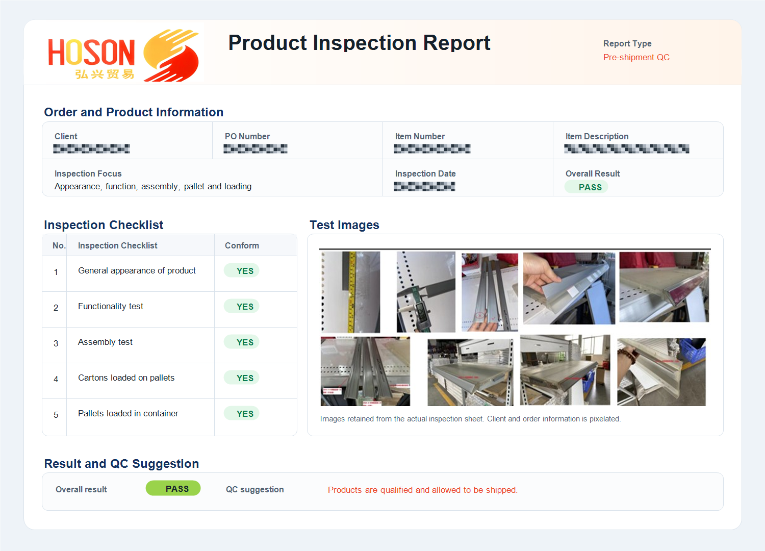 Redacted QC inspection report sample