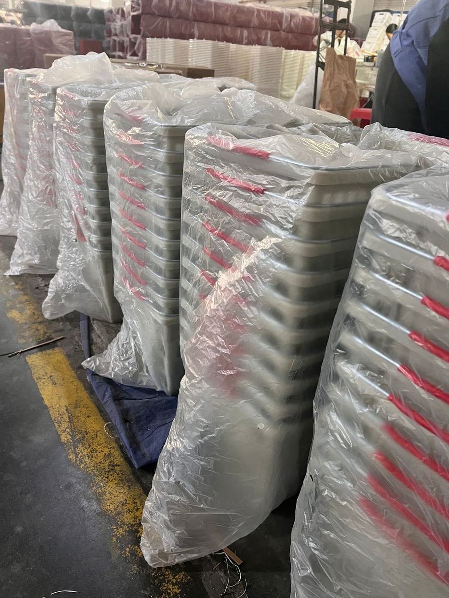 Stacked shopping baskets prepared for shipment