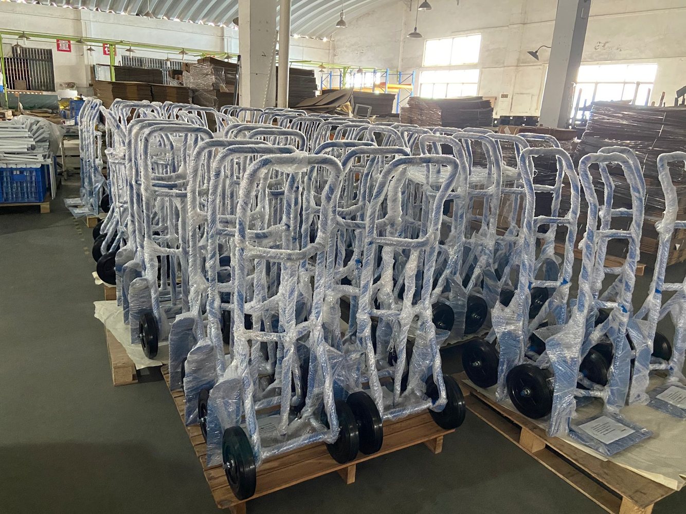 Batch of hand trucks wrapped before shipment