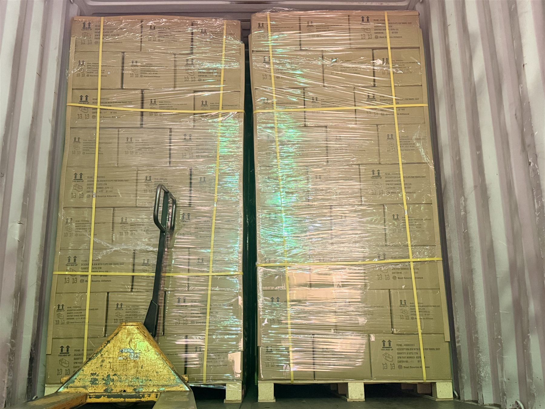 Palletized goods loaded in a container