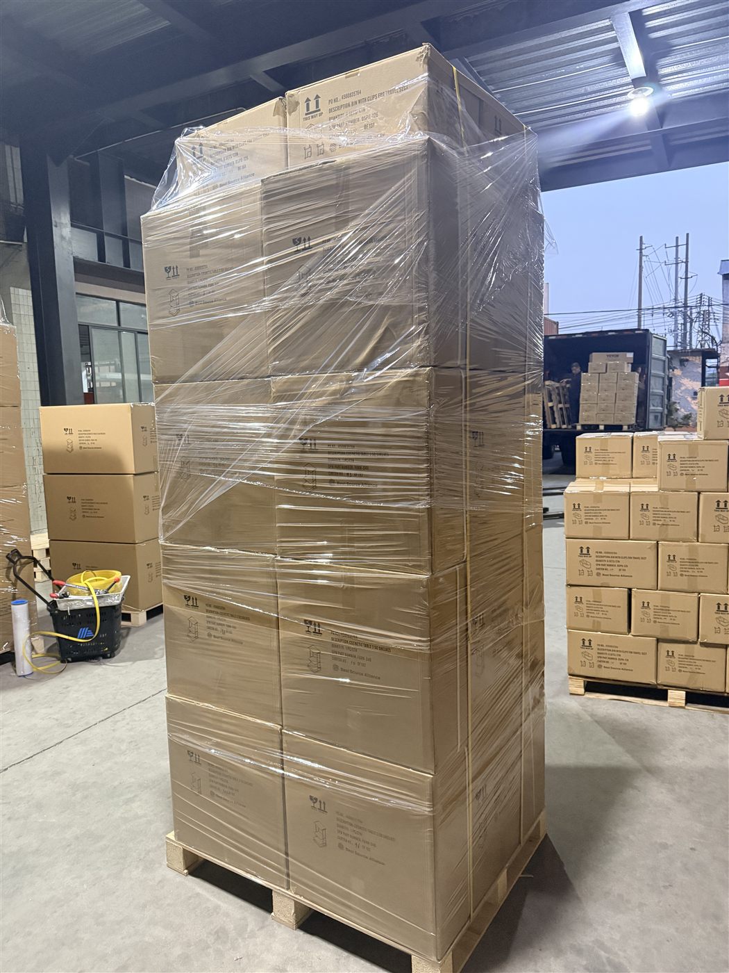 Wrapped pallet of cartons before shipment